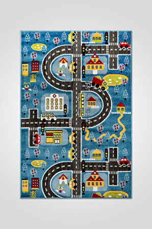 Oyun Şehri Çocuk Oyun Halısı | 3 Boyutlu Araba Yolu Desenli, Tozumaz, Kolay Temizlik, Jüt Tabanlı