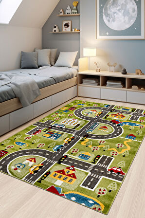 Oyun Şehri Çocuk Oyun Halısı | 3 Boyutlu Araba Yolu Desenli, Tozumaz, Kolay Temizlik, Jüt Tabanlı