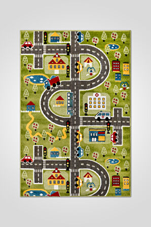 Oyun Şehri Çocuk Oyun Halısı | 3 Boyutlu Araba Yolu Desenli, Tozumaz, Kolay Temizlik, Jüt Tabanlı