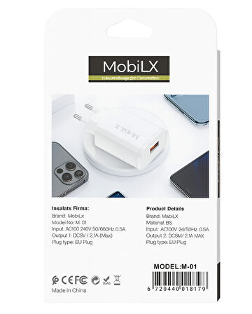MobiLX M-01 iPhone 11–14 Pro Max Uyumlu 2.1A USB Şarj Adaptörü + Lightning Kablo