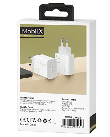 MobiLX M-08 25W Type-C Hızlı Şarj Adaptörü | Samsung, iPhone, Xiaomi, Oppo, Huawei, Reeder Uyumlu