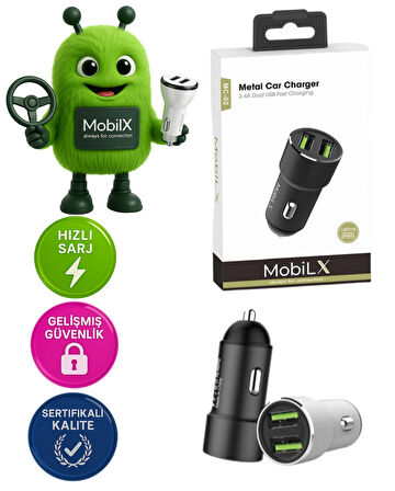 MobiLX MC-02 2.4A Çift USB Portlu Metal Araç Şarj Cihazı | Type-C ve Lightning Kablo Uyumlu – Siyah