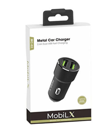 MobiLX MC-02 2.4A Çift USB Portlu Metal Araç Şarj Cihazı | Type-C ve Lightning Kablo Uyumlu – Siyah