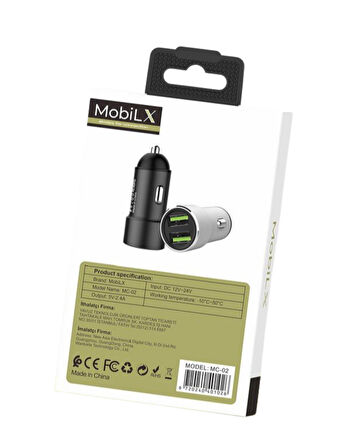 MobiLX MC-02 2.4A Çift USB Portlu Metal Araç Şarj Cihazı | Type-C ve Lightning Kablo Uyumlu – Siyah