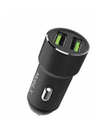 MobiLX MC-02 2.4A Çift USB Portlu Metal Araç Şarj Cihazı | Type-C ve Lightning Kablo Uyumlu – Siyah