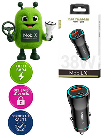 MobiLX MC-03 38W PD + QC3.0 Metal Araç Şarj Cihazı – USB & Type-C Hızlı Çakmaklık Adaptörü