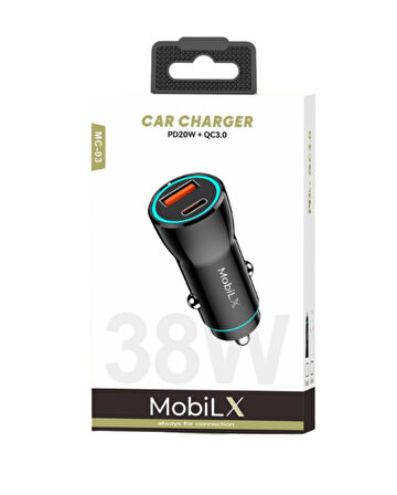 MobiLX MC-03 38W PD + QC3.0 Metal Araç Şarj Cihazı – USB & Type-C Hızlı Çakmaklık Adaptörü