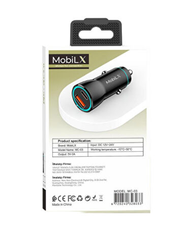 MobiLX MC-03 38W PD + QC3.0 Metal Araç Şarj Cihazı – USB & Type-C Hızlı Çakmaklık Adaptörü