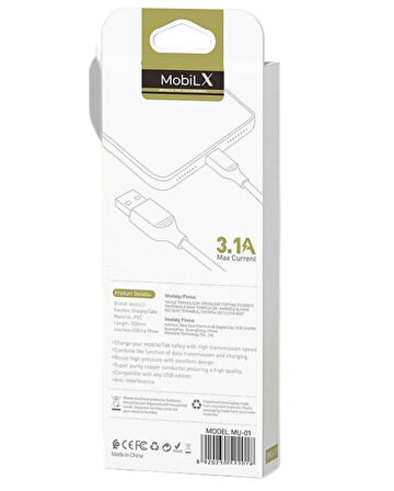 MobiLX USB to Type-C Şarj ve Data Kablosu – 3.1A, Hızlı Şarj, Siyah