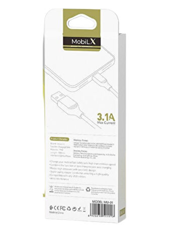 MobiLX MU-01 USB to Lightning Şarj ve Data Kablosu (1m) – iPhone Uyumlu, 3.1A Hızlı Şarj