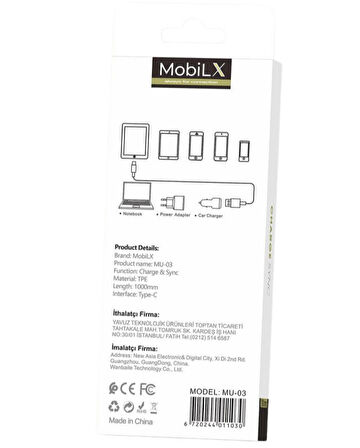 MobiLX MU-03 3.4A Bakır Uç Silikon USB to Type-C Şarj ve Data Kablosu (1m)