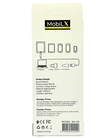 MobiLX MU-09 3.4A Örgülü Işıklı USB to Lightning Hızlı Şarj ve Data Kablosu (1m)
