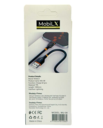 MobiLX MU-08 2.4A Silikon USB to Lightning Hızlı Şarj ve Data Kablosu (1m)