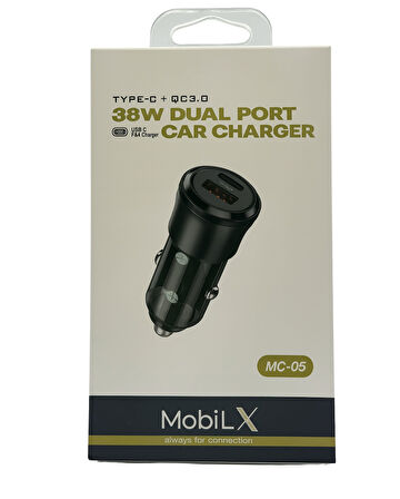 MobiLX 38W Araç Şarj Cihazı – Çift USB Çıkışlı | Type-C + QC 3.0 | Model: MC-05