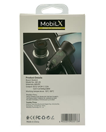 MobiLX 38W Araç Şarj Cihazı – Çift USB Çıkışlı | Type-C + QC 3.0 | Model: MC-05