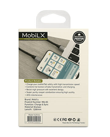 MobiLX Type-C Hızlı Şarj Kablosu – 1.2 Metre | Model: MU-05