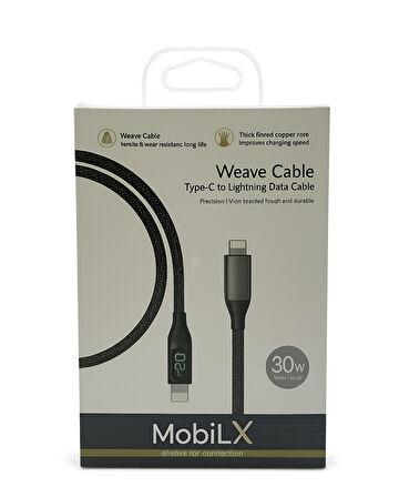 MobiLX 30W Type-C to Lightning Örgülü Şarj Kablosu – Dijital Ekranlı | Model: MU-07
