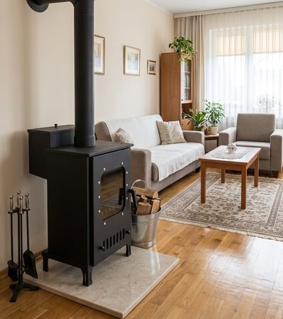 ThermAir Tek Camlı Pelet ve Odun Sobası – 30 m² Isıtma Kapasiteli, Geniş Ön Camlı Modern Soba 