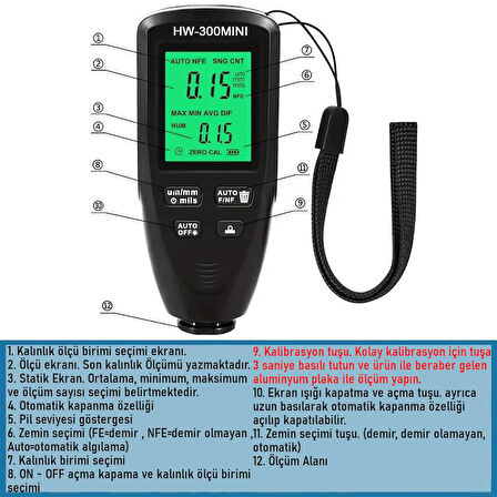Valkyrie HW-300MINI Dijital Boya Kalınlığı Ölçüm Cihazı 0-2000µm Hassas Ölçer