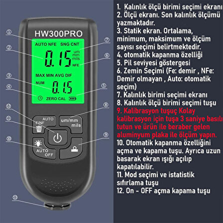 Valkyrie HW-300 Pro Kaplama Kalınlığı Ölçer – 0-2000 µm Ölçüm Aralığı, FE/NFE Algılama, Arka Aydınlatmalı LCD