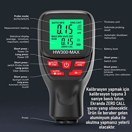 Valkyrie HW300-MAX Dijital Kaplama Kalınlığı Ölçer – 0-2000 µm, FE/NFE Otomatik Algılama, LCD Ekran