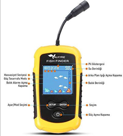 Valkyrie LCD Renkli Ekran Taşınabilir Kablolu Balık Bulucu 100 M nlik Aralığı Sonar Yankı Iskandil Balık Bulucu