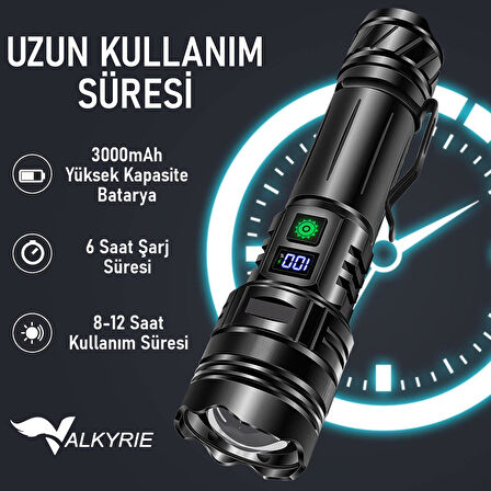 Valkyrie Profesyonel Şarjlı LED El Feneri – Güçlü Avcı Feneri, Uzun Pil Ömrü, Dayanıklı TasarımAvcı Feneri