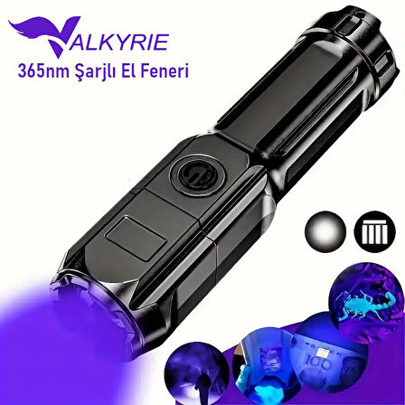 Valkyrie 365nm UV Mor Işık Şarjlı El Feneri – 1200mAh Batarya, Type-C Şarj, Hafif ve Güçlü Tasarım
