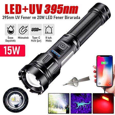 Valkyrie 15W LED + UV El Feneri 3000mAh Şarjlı 9 Mod Zoom Powerbank Özellikli Suya Dayanıklı Fener