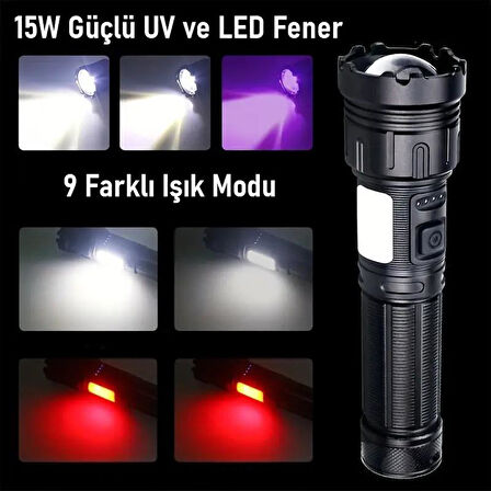 Valkyrie 15W LED + UV El Feneri 3000mAh Şarjlı 9 Mod Zoom Powerbank Özellikli Suya Dayanıklı Fener
