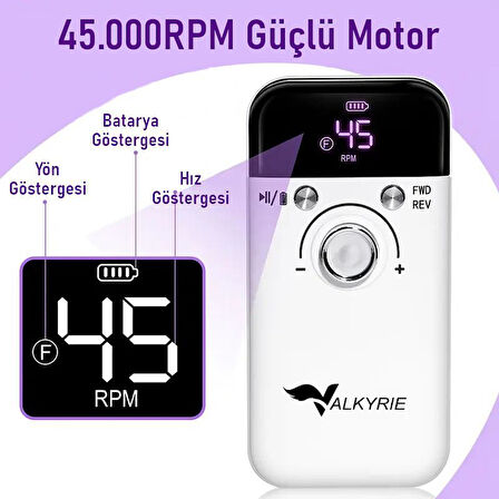 Valkyrie Profesyonel Şarjlı Tırnak Frezesi 45.000 RPM, LCD, 2000 mAh Taşınabilir Manikür Pedikür Makinesi
