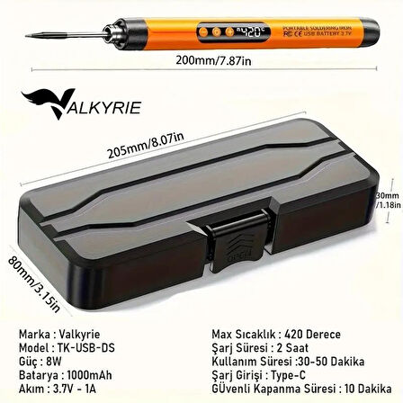 Valkyrie Şarjlı Dijital Ekranlı Havya Seti 420°C Ayarlanabilir Sıcaklık Type-C Hızlı Şarj