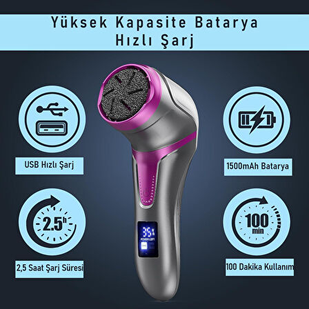 Valkyrie Profesyonel Ayak Bakım Cihazı 360° Dönen Başlık Dijital Ekranlı, Şarjlı & 10 Parça Pedikür Kiti Mor