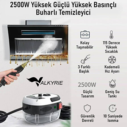 Valkyrie 2500W Yüksek Basınçlı Buharlı Temizleyici 115°C 3 Başlık Ayarlanabilir Güç Derin Temizlik Makinesi