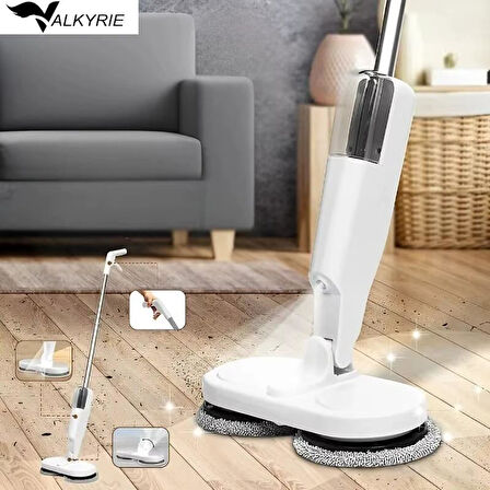 Valkyrie Şarjlı Su Püskürtmeli Elektrikli Mop – Çift Döner Başlık, Mikrofiber Ped, 2000 mAh, Tüm Zeminlerde Etkili Beyaz