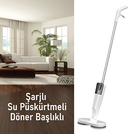 Valkyrie Şarjlı Su Püskürtmeli Elektrikli Mop – Çift Döner Başlık, Mikrofiber Ped, 2000 mAh, Tüm Zeminlerde Etkili Beyaz