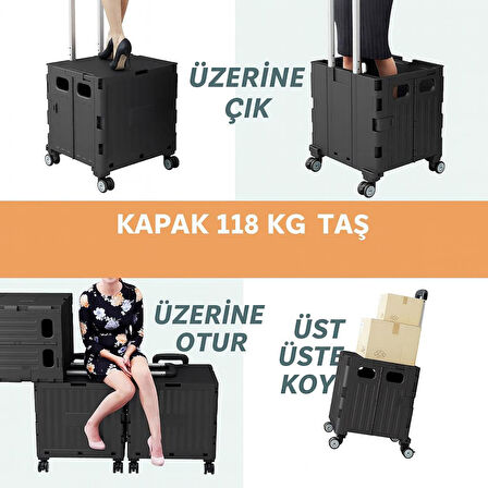 Valkyrie Katlanabilir 4 Tekerlekli Alışveriş ve Depolama Çantası – Kapaklı Teleskopik Çekme Kolu Kamp Plaj Çok Amaçlı Siyah