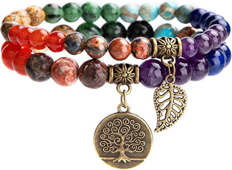 Valkyrie 7 Çakra Doğal Taş Bileklik – Yaşam Ağacı & Yaprak Charm, Meditasyon ve Enerji Dengeleyici Bileklik