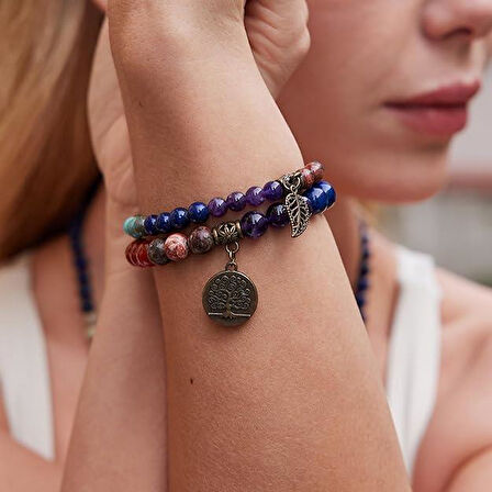 Valkyrie 7 Çakra Doğal Taş Bileklik – Yaşam Ağacı & Yaprak Charm, Meditasyon ve Enerji Dengeleyici Bileklik