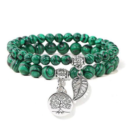 Valkyrie Doğal Malakit Taşı Bileklik Seti – Hayat Ağacı & Yaprak Charm | Enerji Dengeleyici, El Yapımı 