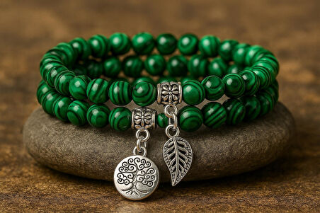 Valkyrie Doğal Malakit Taşı Bileklik Seti – Hayat Ağacı & Yaprak Charm | Enerji Dengeleyici, El Yapımı 