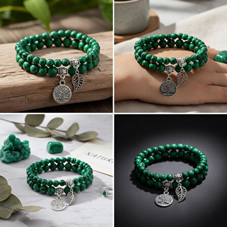 Valkyrie Doğal Malakit Taşı Bileklik Seti – Hayat Ağacı & Yaprak Charm | Enerji Dengeleyici, El Yapımı 