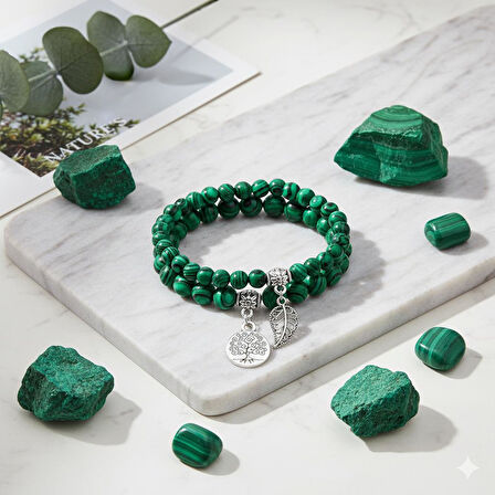Valkyrie Doğal Malakit Taşı Bileklik Seti – Hayat Ağacı & Yaprak Charm | Enerji Dengeleyici, El Yapımı 