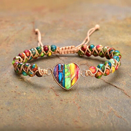 Valkyrie El Yapımı  Doğal Taş Kalpli Bileklik • Ayarlanabilir Makrome • 