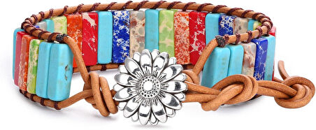 Valkyrie El Yapımı Renkli Doğal Taş Bileklik – Çiçek Motifli Düğme, Ayarlanabilir Deri Örgü Tasarım