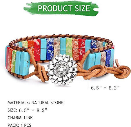 Valkyrie El Yapımı Renkli Doğal Taş Bileklik – Çiçek Motifli Düğme, Ayarlanabilir Deri Örgü Tasarım