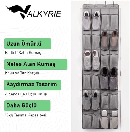 Valkyrie Kapı Arkası Ayakkabı Organizer 24 Gözlü – Askılı Dolap İçi Düzenleyici 4 Kancalı Gri