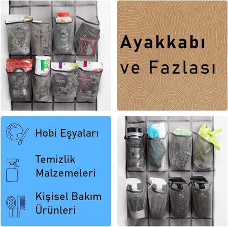 Valkyrie Kapı Arkası Ayakkabı Organizer 24 Gözlü – Askılı Dolap İçi Düzenleyici 4 Kancalı Gri