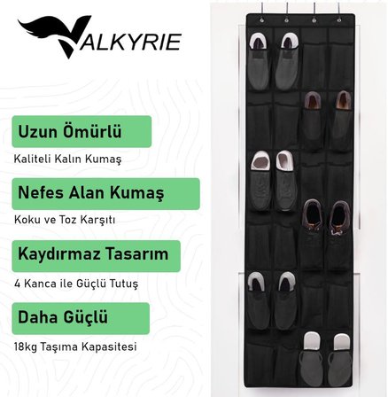 Valkyrie Kapı Arkası Ayakkabı Organizer 24 Gözlü – Askılı Dolap İçi Düzenleyici 4 Kancalı Siyah