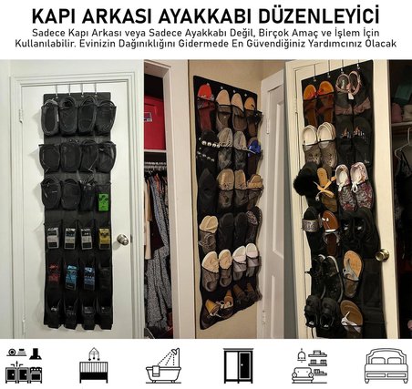 Valkyrie Kapı Arkası Ayakkabı Organizer 24 Gözlü – Askılı Dolap İçi Düzenleyici 4 Kancalı Siyah